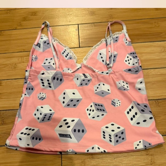 O-mighty Pink tank top dice design with lace. Cropped. Sz S. #chance #dice - Picture 5 of 11